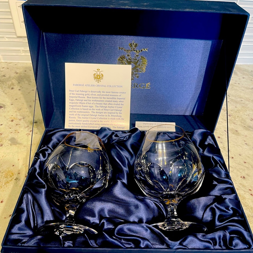 FABERGE AURORA BRANDY SNIFFER GOLD RIM GLASS SET OF 2